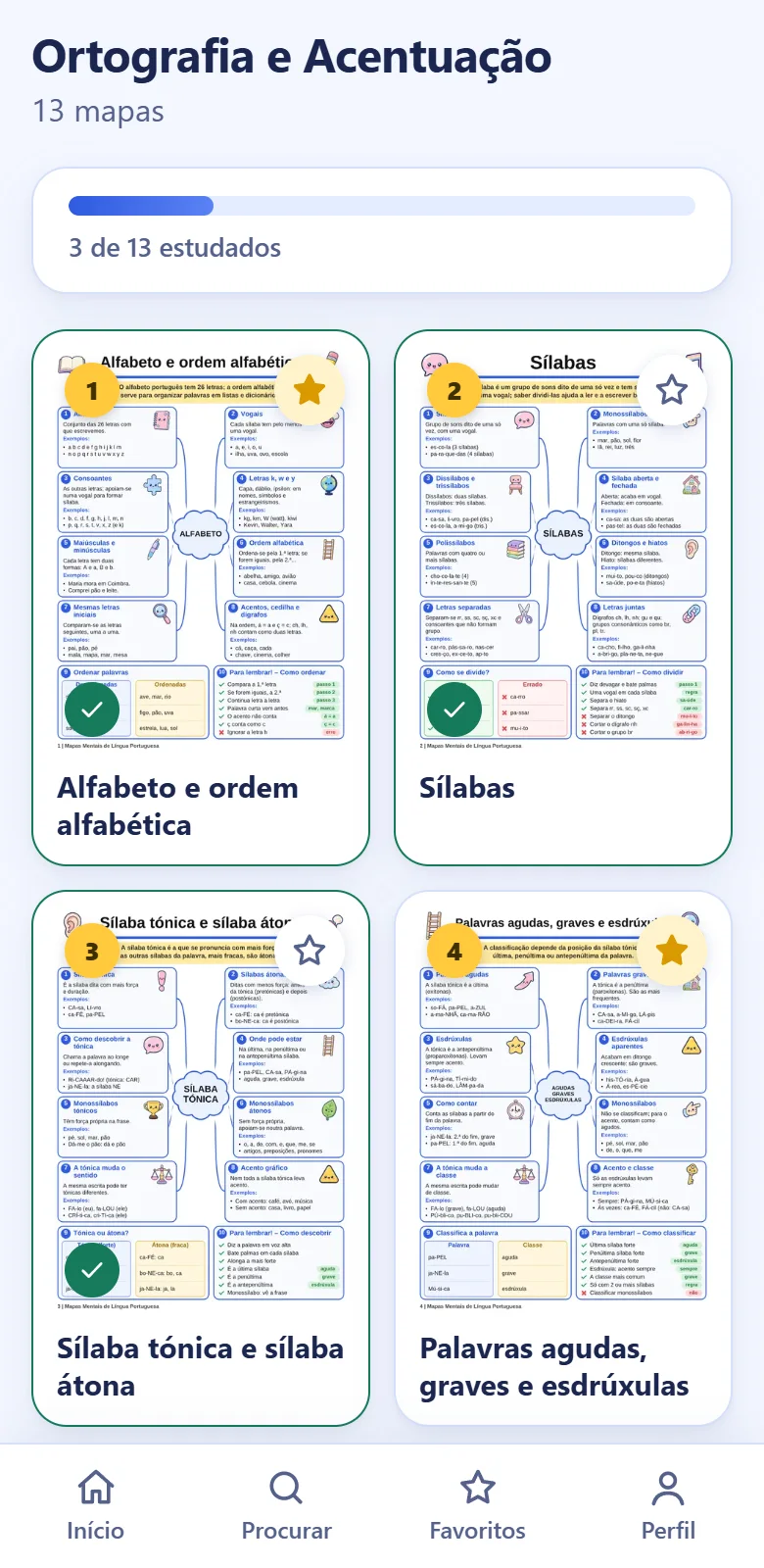 Área de membros no telemóvel: lista de mapas com favoritos e progresso